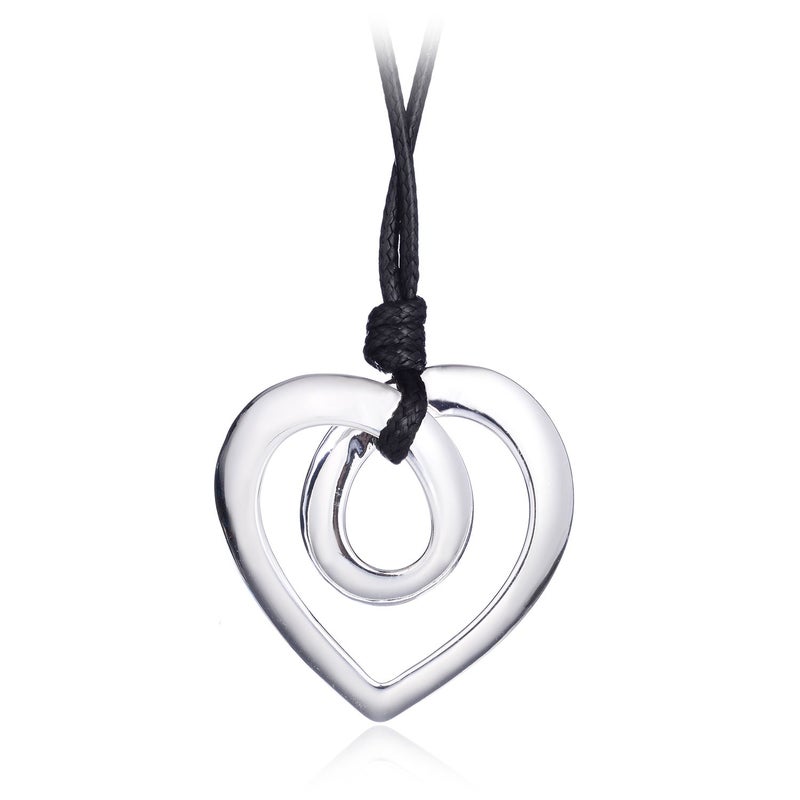 welbijoux Heart Shape Long Pendant Necklace Silver Plated Black PU Leather Rope Long Chain Necklace for Women - Image 1